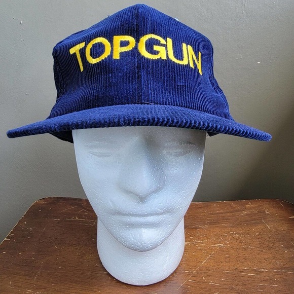 Vintage 1980s TOP GUN Blue & Yellow Corduroy Snapback Cap Hat Yupoong - Picture 1 of 9